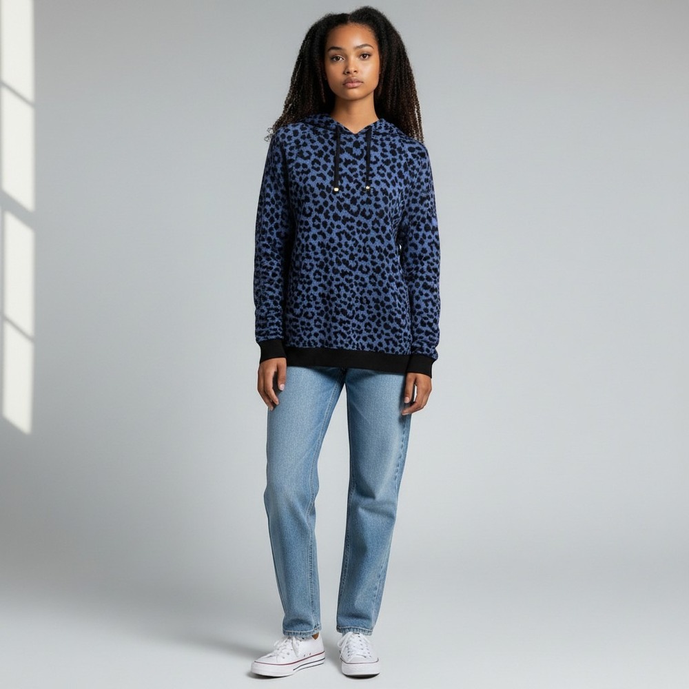 Victorias Secret Blue Leopard Print Hoodie Longline Pullover XS Animal Print